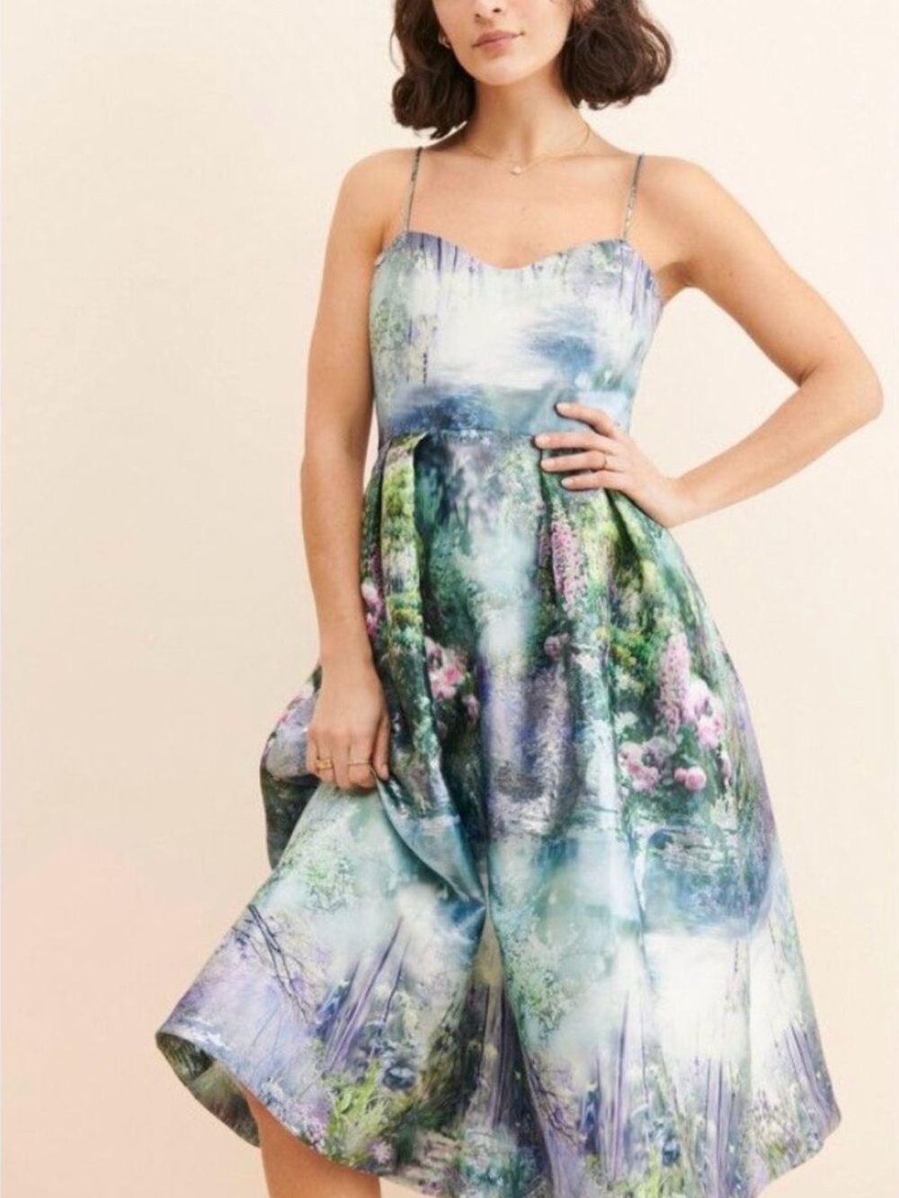 Floral A-Line Midi Dress with Sweetheart Neckline - Blue/Green